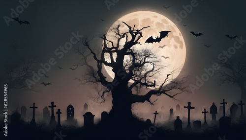 3. a halloween cemetery and graveyard with a full moon, in the style of dark turquoise and light green, made of mist, captivating, exacting precision, Halloween, Jack O' Lanterns In Graveyard