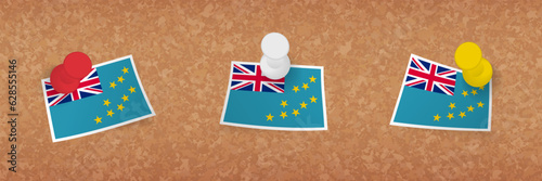 Tuvalu flag pinned in cork board, three versions of Tuvalu flag.