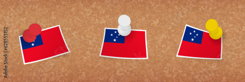 Samoa flag pinned in cork board, three versions of Samoa flag.