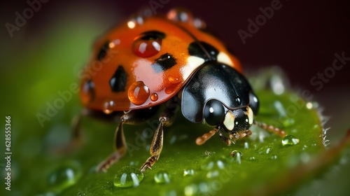 a ladybug with water drops on a leaf
