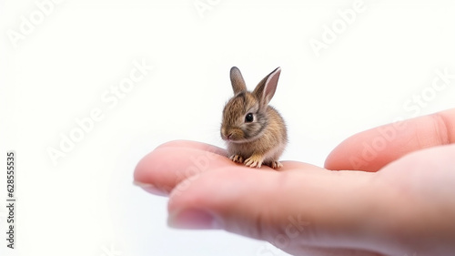 the smallest rabbit, hare in the palm of your hand. . the concept of nature protection on a white background