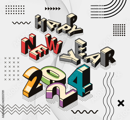 new year 2024 banner design with modern geometric abstract background in retro style. happy new year greeting card cover for 2024 calligraphy typography with colorful shapes. isometric vector.