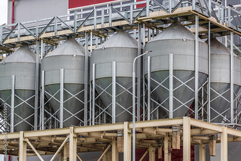 agro silos on agro-industrial complex and grain drying and seeds cleaning line.