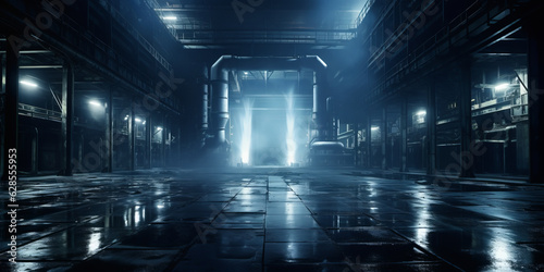 Enigmatic Night: Dark Warehouse with Mysterious Water Flow, Generative AI