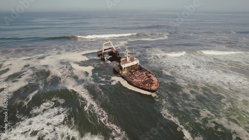 Aerial Drone View of Zeila Shipwreck in Ocean, Skeleton Coast in Namibia,Africa photo