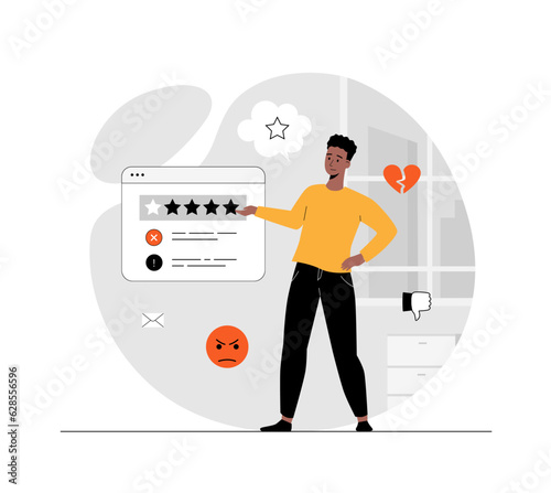 Dissatisfied customer, bad feedback. Customer gives one star, bad review on the website. Illustration with people scene in flat design for website and mobile development.