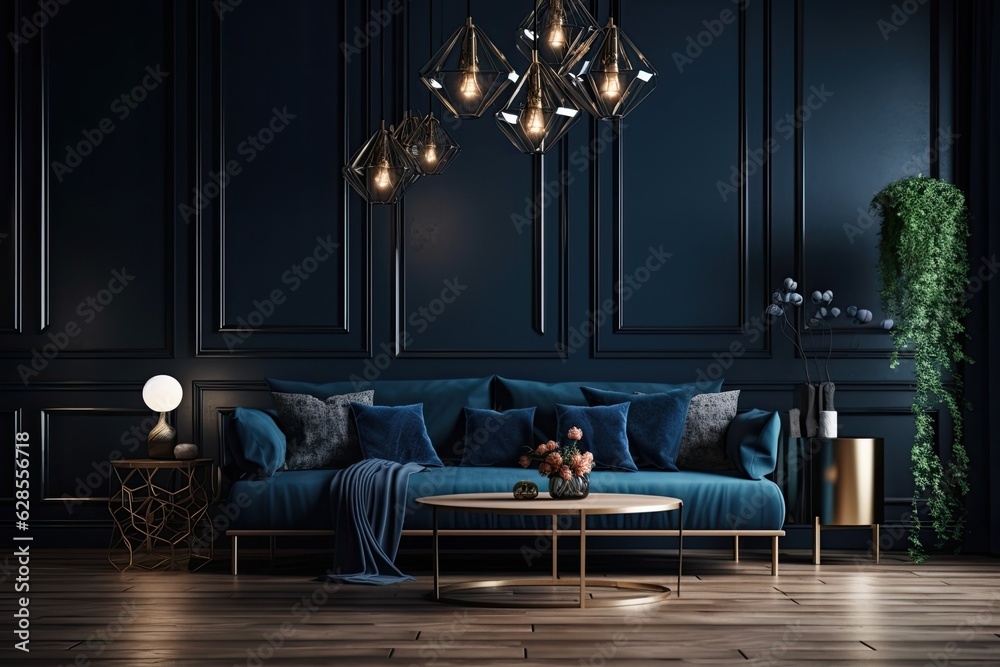 Dark room interior mock up, dark blue empty wall mockup, contemporary blue luxury dark living room interior background,. Generative AI - obrazy, fototapety, plakaty 