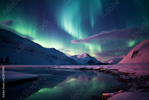 Fantastic view of aurora borealis and stars in the snowy winter sky. Generative AI
