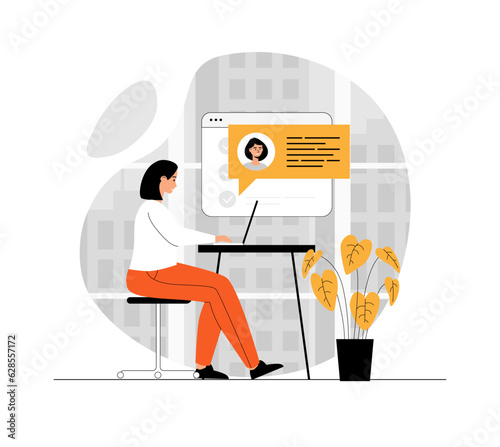 Client experience review. Woman leaves feedback message on the product review page. Illustration with people scene in flat design for website and mobile development.