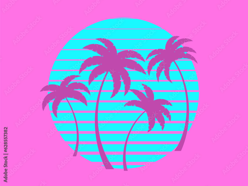 Silhouettes of palm trees at sunset in the style of the 80s. Retro futuristic sun with tropical palm trees in synthwave and retrowave style. Design for banners and posters. Vector illustration