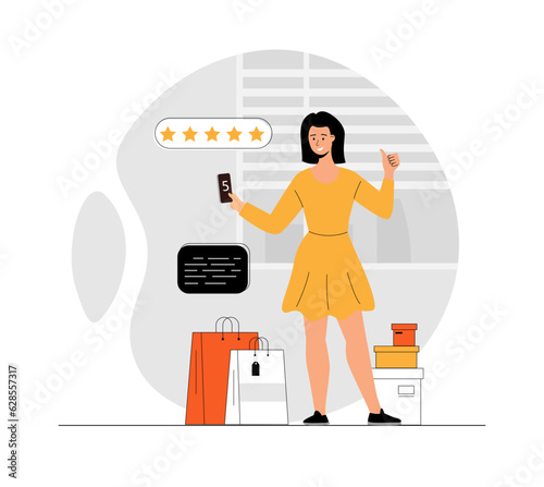 Feedback concept. Woman leaving comment with her experience and give five star rating. Illustration with people scene in flat design for website and mobile development.