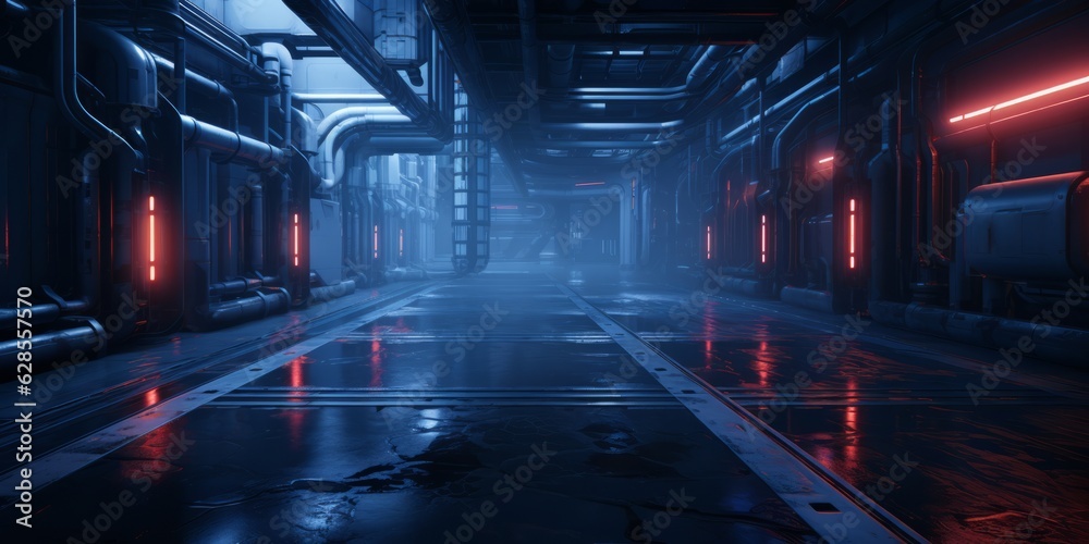 Empty Flooded Industrial Hallway at Night with Eerie Reflections and Dim Lighting, Copy Space, Generative AI Empty Flooded Industrial Hallway at Night with Eerie Reflections and Dim Lighting, Copy Space, Generative AI
