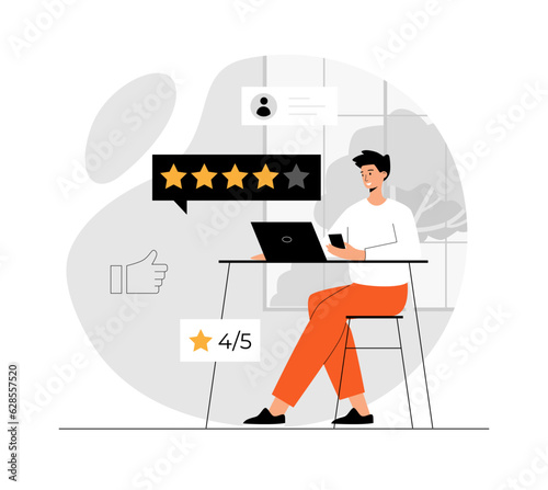 Customer feedback, survey, opinion concept. Man give review rating and feedback on website. Illustration with people scene in flat design for website and mobile development.