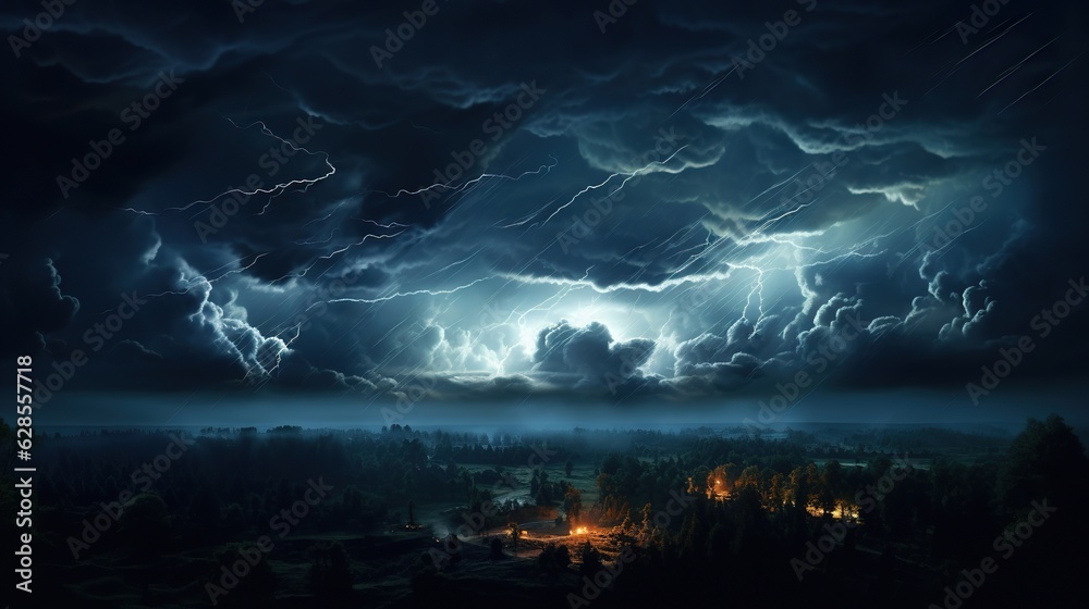 Thunderstorm clouds with lightning at night generative ai