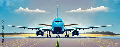 illustrazione con vista di fronte di grande aereo di linea blu su pista di decollo photo