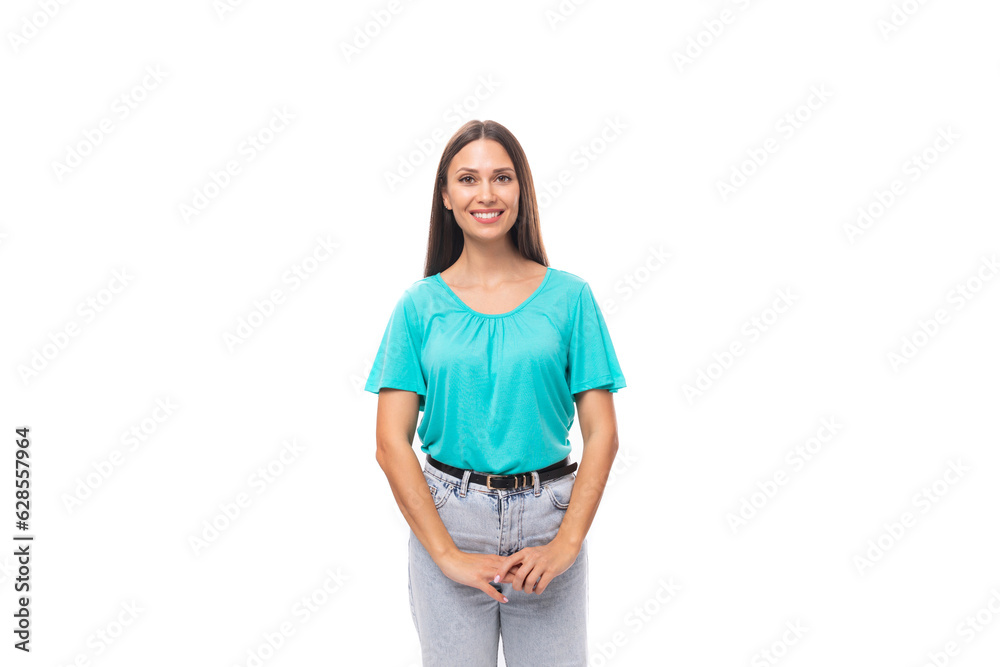 young cute caucasian female model with black silky smooth hair dressed casual isolated on white background with copy space young cute caucasian female model with black silky smooth hair dressed casual isolated on white background with copy space