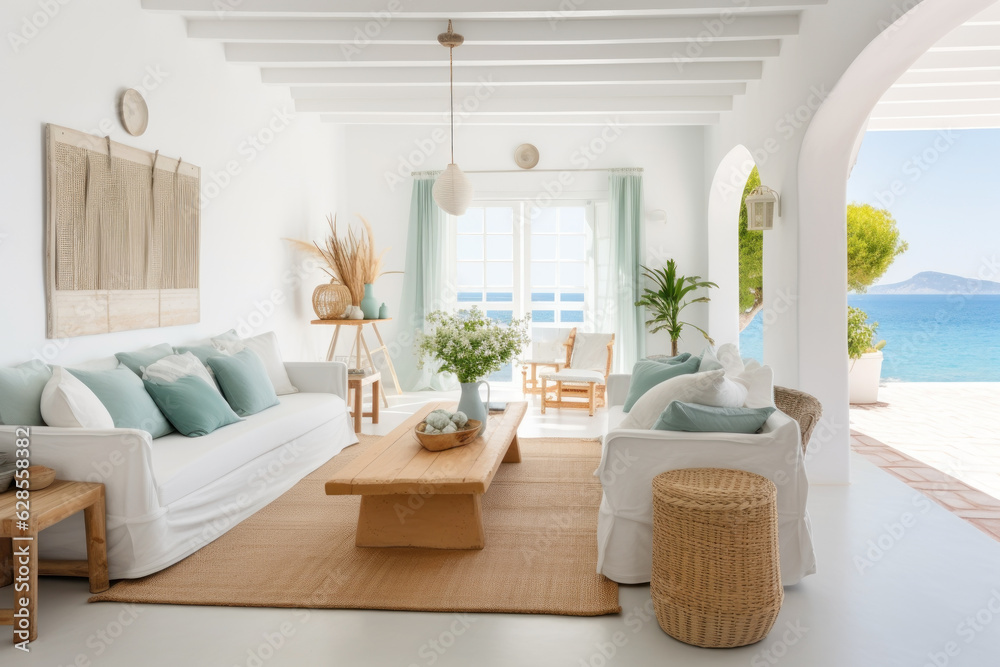 Fototapeta premium White modern boho tropical villa interior.