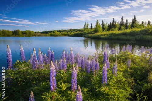 Lakeside Serenity: A Beautiful Scenery of Blue Skies and Purple Lupines © Philipp