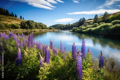 Lakeside Serenity: A Beautiful Scenery of Blue Skies and Purple Lupines