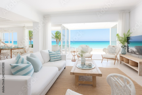 White modern boho tropical villa interior. © July P