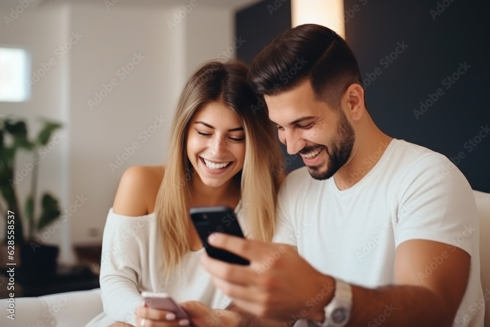 A beautiful young couple is using a smartphone and laughing.