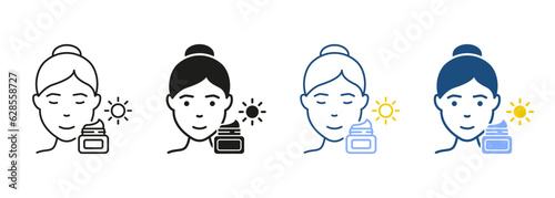 Day Cream for Woman Skin Pictogram. Girl Use Sunscreen, Sun Block Cream Line and Silhouette Icon Set. Protection Skin of UV Rays Black and Color Symbol Collection. Isolated Vector Illustration