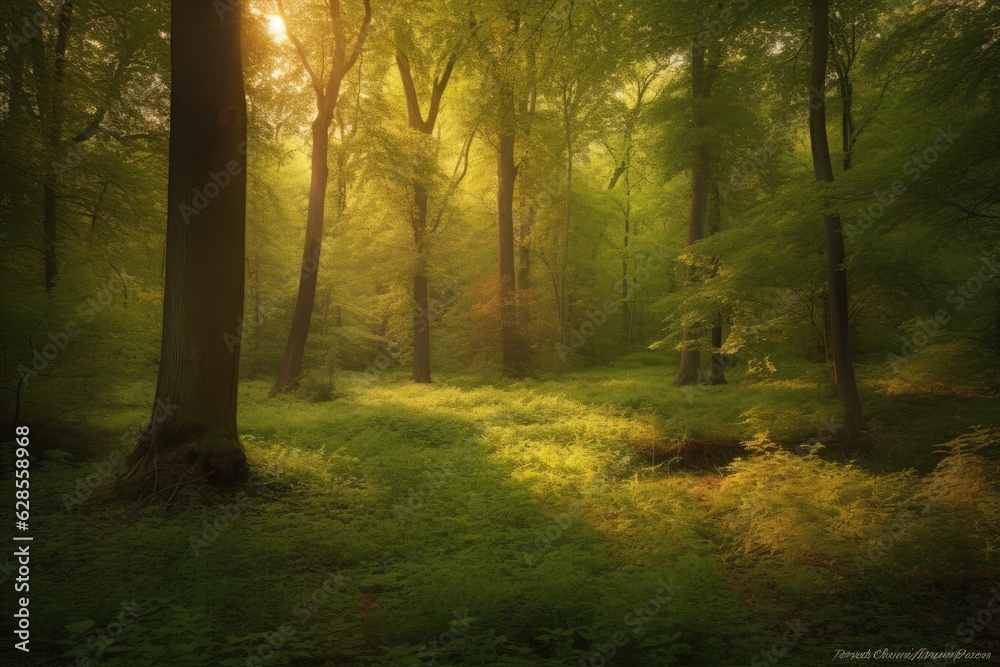 Tranquil Forest Morning: Lush Deciduous Serenity in Soft Dawn Light, Greens, Browns & Soft Yellows