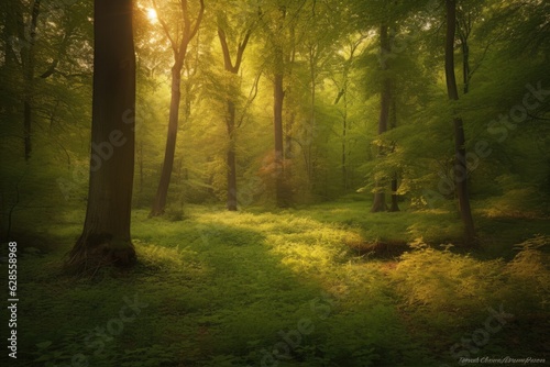 Tranquil Forest Morning  Lush Deciduous Serenity in Soft Dawn Light  Greens  Browns   Soft Yellows