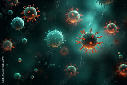 An artistic bio-virus illustration  depicting the viral particles floating in a dark and mysterious environment Generative AI