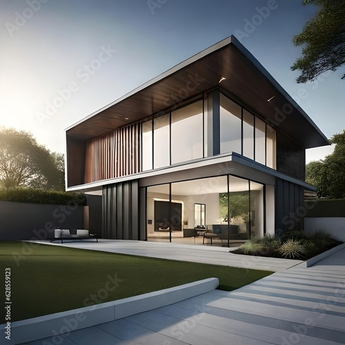Modern house nestled in a lush garden, adorned with glass windows. A stunning blend of black and white colors creates an elegant, contemporary living space with a seamless indoor-outdoor connection.