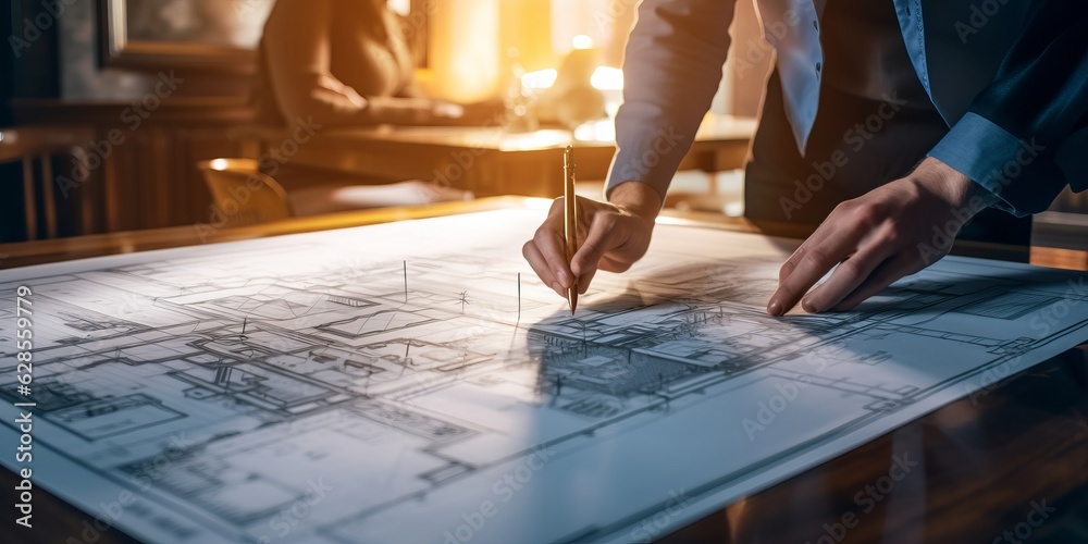 Obraz premium Collaborative Planning: Two People Analyzing Blueprints on a Table, Generative AI