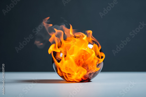 A ball engulfed in flames is set against a stark white backdrop, creating a dramatic contrast. generative AI.