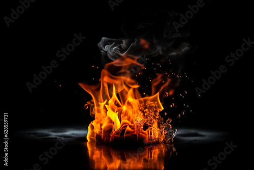 This graphic showcases the raw energy and power of fire, with a searing hot blaze bursting forth from a dark black background. generative AI.