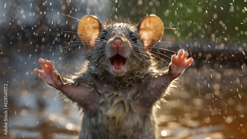 a cheerful little mouse is bathing in a puddle of splashing water.