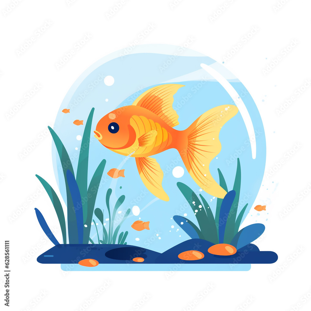 Naklejka premium Illustration of a goldfish in a small glass aquarium. The aquarium is beautifully decorated and goldfish swim in it. 
