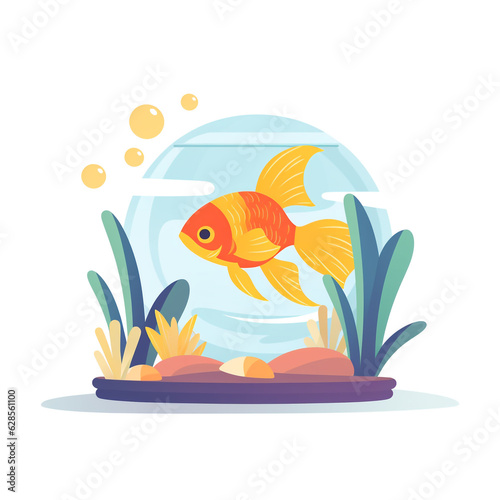 Illustration of a goldfish in a small glass aquarium. The aquarium is beautifully decorated and goldfish swim in it. 