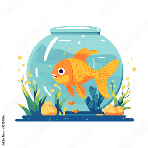 Illustration of a goldfish in a small glass aquarium. The aquarium is beautifully decorated and goldfish swim in it. 