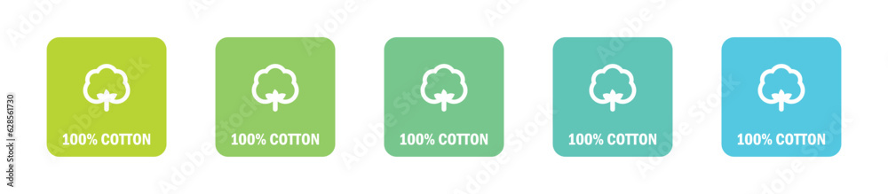 Cotton labels, 100%, pure, design element, green to blue tone, white background Cotton labels, 100%, pure, design element, green to blue tone, white background