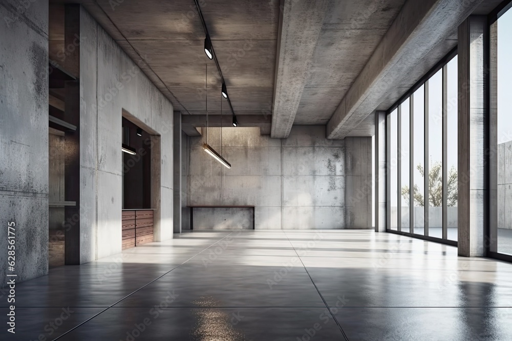 interior of a blank concrete space. Generative AI