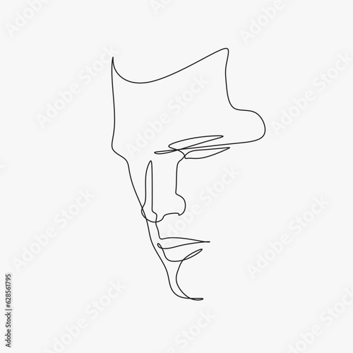 Face line art style minimal man poster illustration. Continuous line portrait, face and hairstyle drawing, fashion concept, minimalism, vector illustration for t-shirt print, poster, postcard, decor.