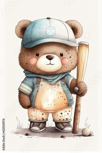 Cute teddy bear wearing baseball outfit