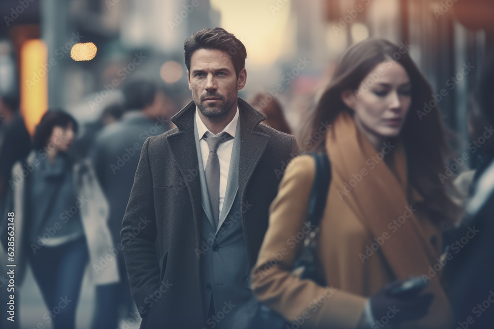 Businessman and executive man walking on busy street through downtown. Businessman and executive man walking on busy street through downtown.