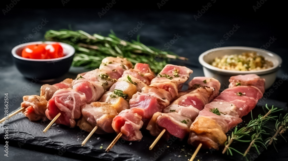 Artfully arranged on a dark background, these raw pork neck skewers are garnished with rosemary, sea salt, garlic, and a tantalizing blend of spices. generative AI.