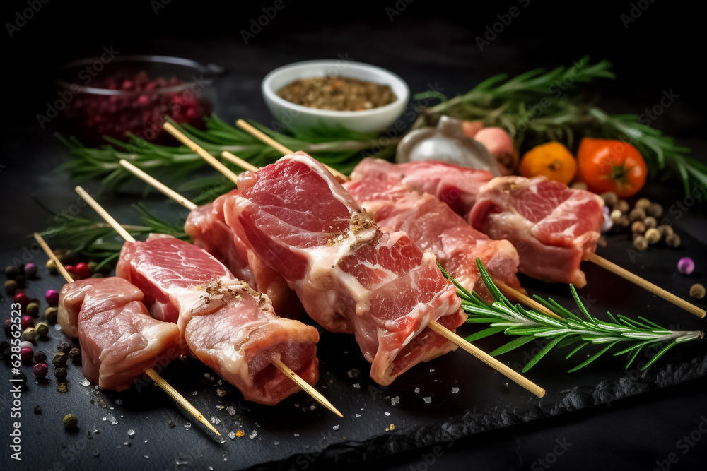 Artfully arranged on a dark background, these raw pork neck skewers are garnished with rosemary, sea salt, garlic, and a tantalizing blend of spices. generative AI.