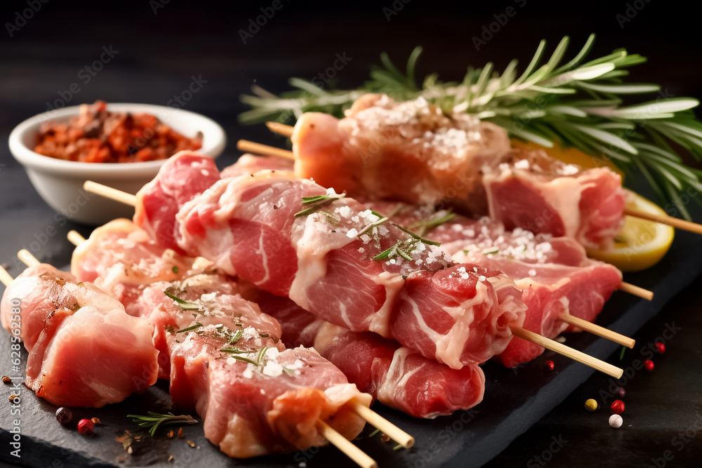 Artfully arranged on a dark background, these raw pork neck skewers are garnished with rosemary, sea salt, garlic, and a tantalizing blend of spices. generative AI. Artfully arranged on a dark background, these raw pork neck skewers are garnished with rosemary, sea salt, garlic, and a tantalizing blend of spices. generative AI.