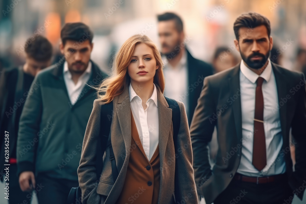 Businesswoman and executive woman walking in busy street through downtown. Businesswoman and executive woman walking in busy street through downtown.