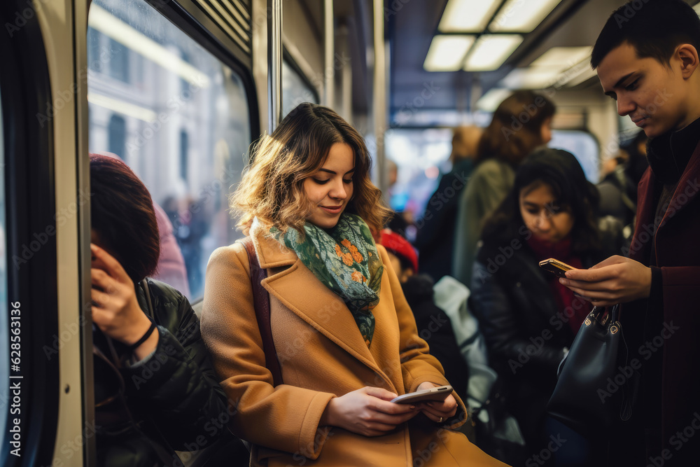Woman smiling and using her cell phone on the subway next to the window. Woman smiling and using her cell phone on the subway next to the window.