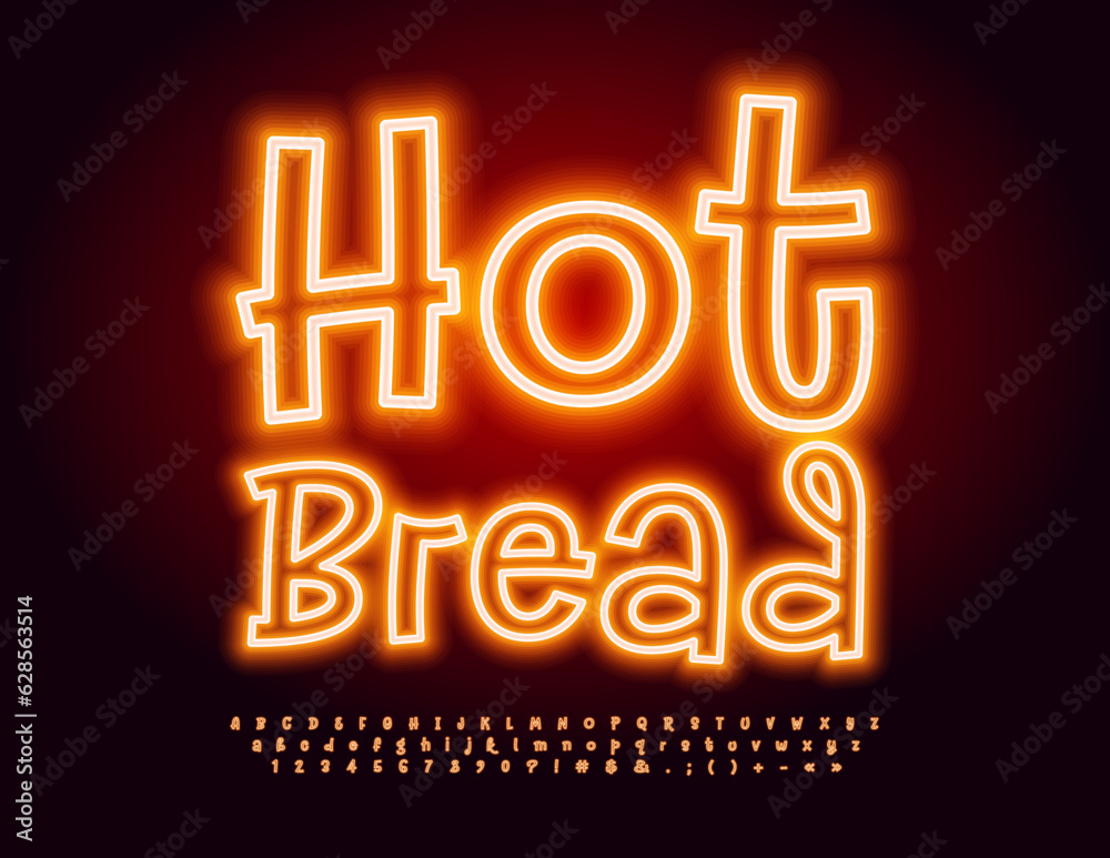 Fototapeta premium Vector advertising Banner Hot Bread. Bright Glowing Alphabet Letters and Numbers set. Neon 