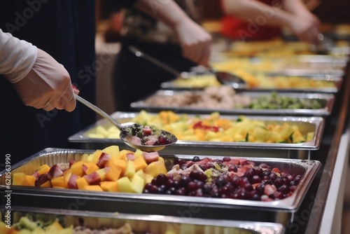 Restaurant Buffet Catering: Meat, Colorful Fruits & Vegetables for Indoor Dining Experience