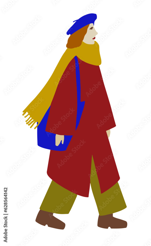 Autumn character. Walking Woman with red hair in autumn clothes in a red coat with a blue bag blue beret. Isolated design element on a white background. Vector illustration with a person
